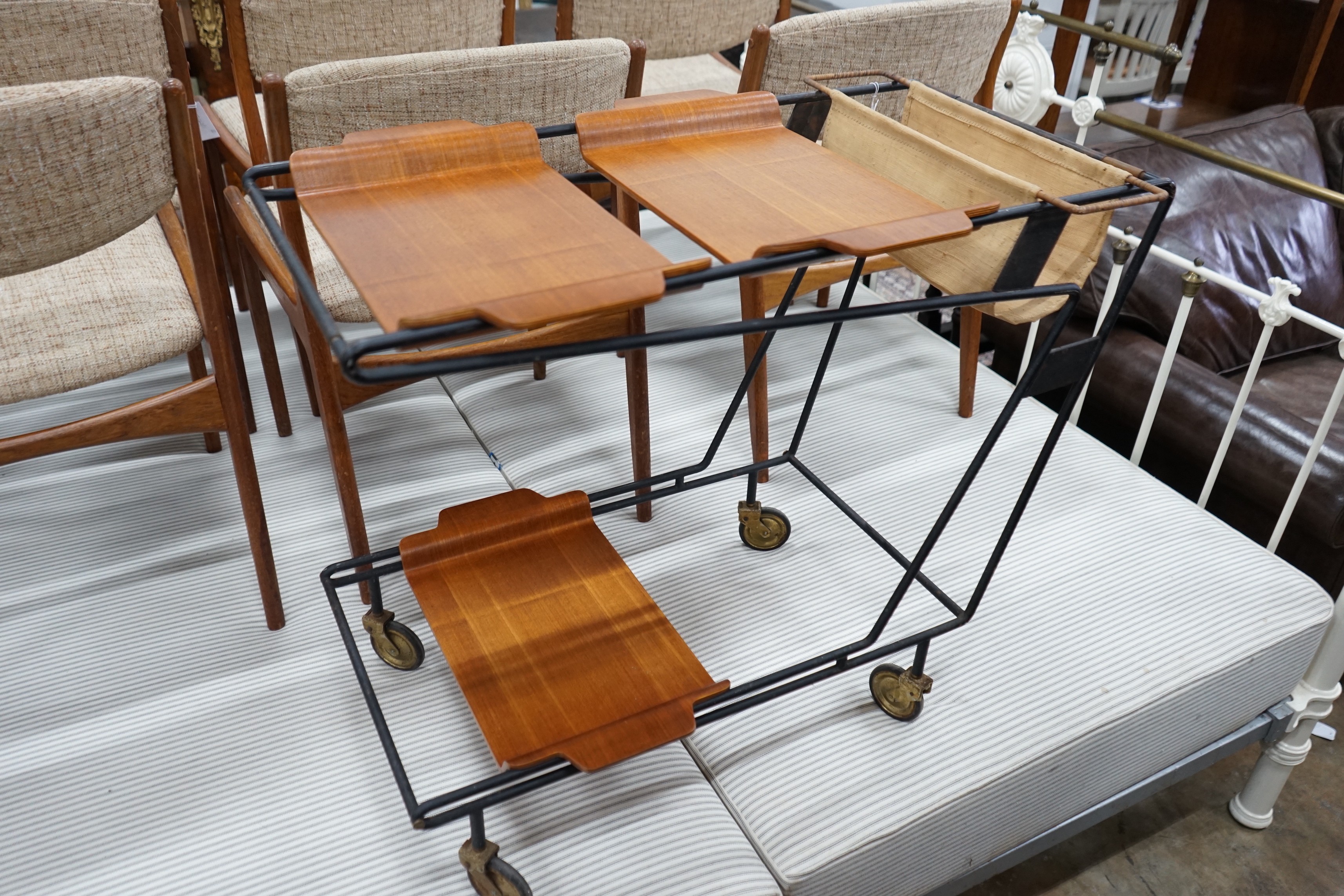 A 1950's Italian teak and wrought iron drinks trolley, length 85cm, depth 42cm, height 68cm